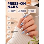 Blue‑Plaid Floral Bow Rhinestone Press‑On Nails, Gentle French Long Stiletto False Nails